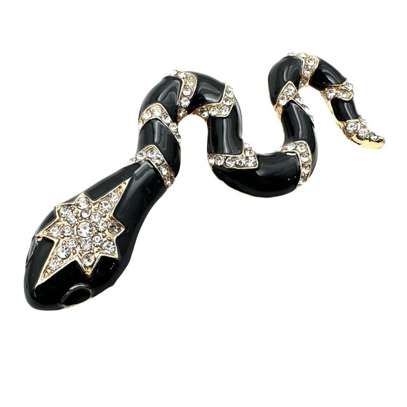 Womens Snake Brooch Pin Pendant Black Enamel Clear Rhinestone Gold Tone - Picture 1 of 3